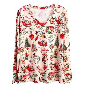 Women's Size Large Nostalgic Christmas Print Long Sleeve V-neck Top Poly-Spandex